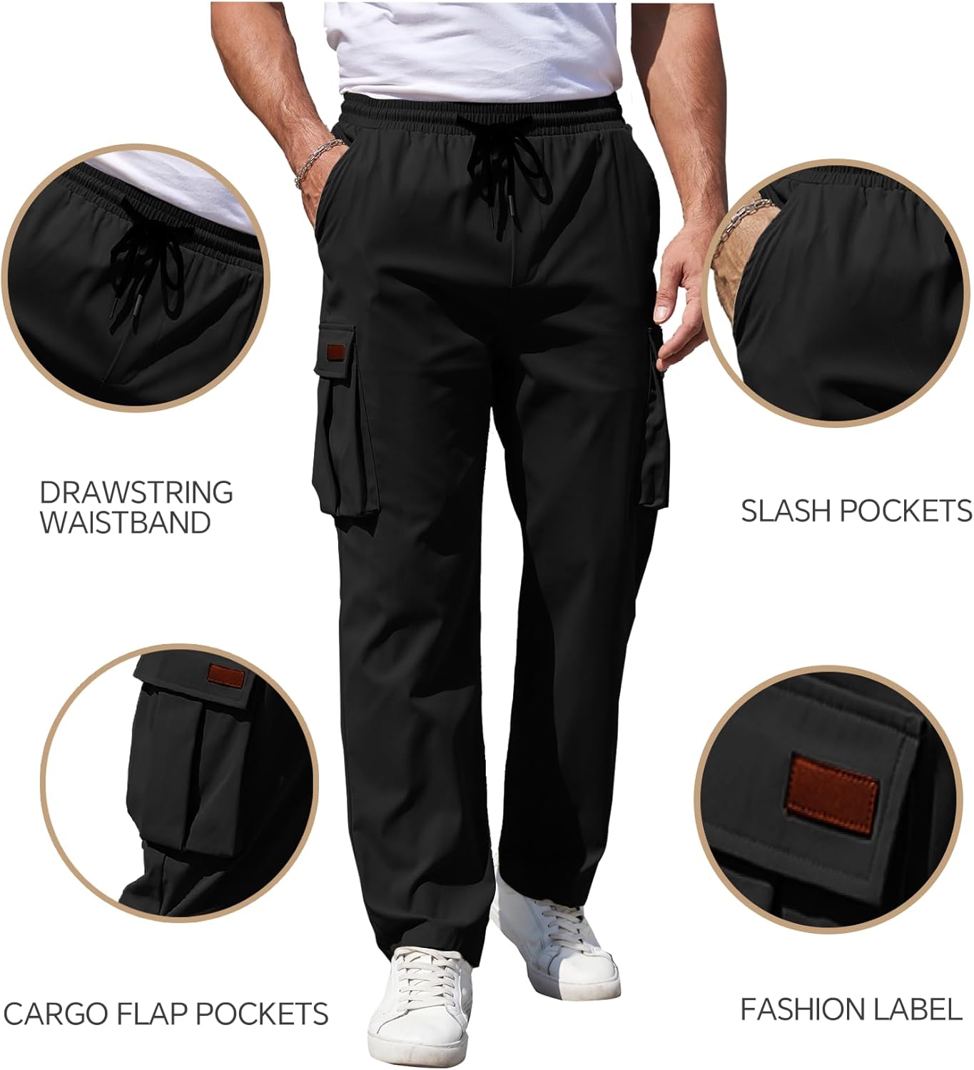 Mens Cargo Pants Drawstring Relaxed Fit Pants Stretch Elastic Waist Work Outdoor Casual Pants with Pockets