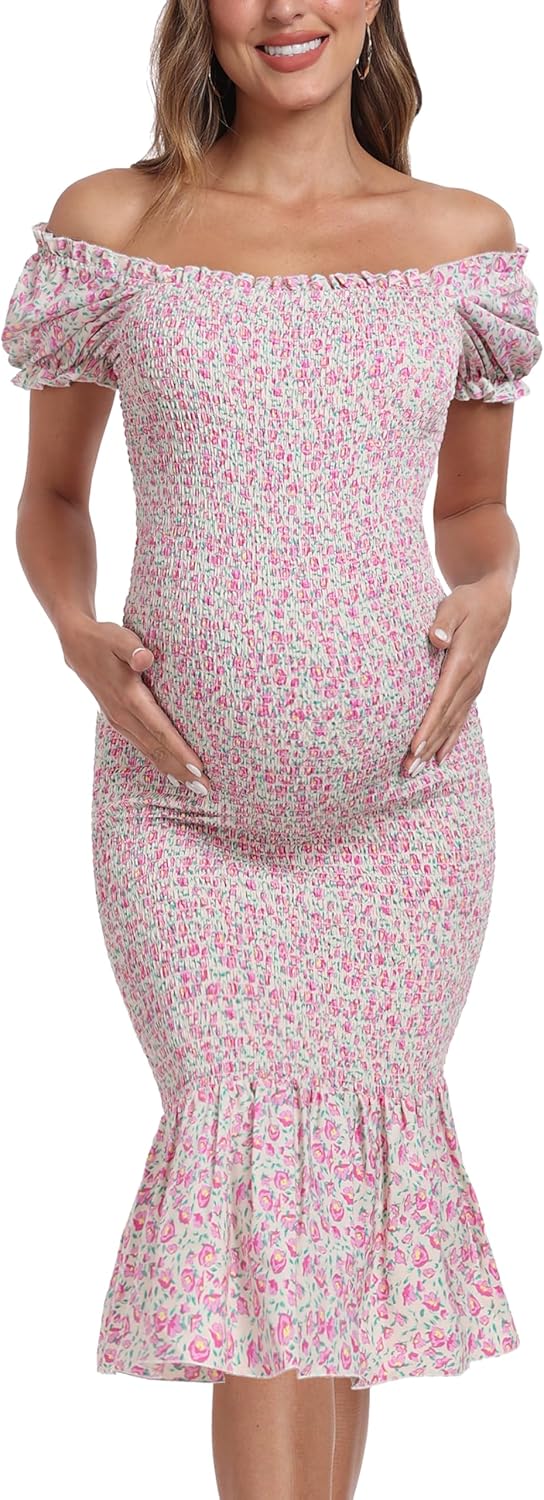 Summer Floral Midi Bodycon Maternity Dresses, Short Puff Sleeve Square Neck Ruffle Hem Mermaid Baby Shower Dress
