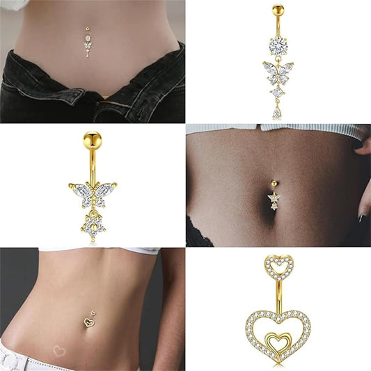 JIESIBAO 14G Belly Button Rings,316L Stainless Steel Heart CZ Navel Barbell Stud Jewelry Dangle Curved Navel Rings Heart Belly Ring Piercing for Women Men 10mm