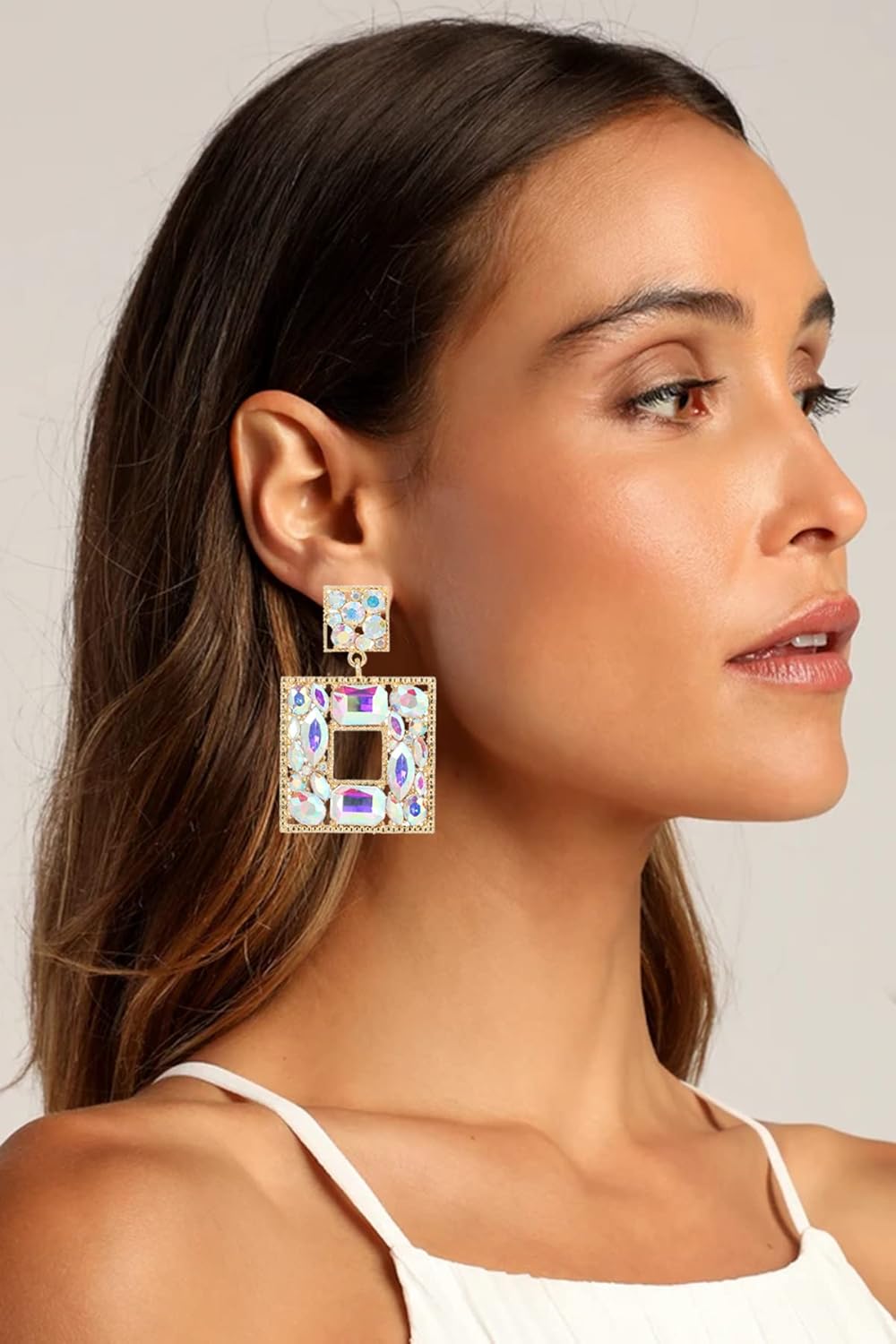 Rhinestone Square Statement Dangle Earrings Trendy Crystal Geometric Drop Earrings Hypoallergenic Jewelry for Women Party