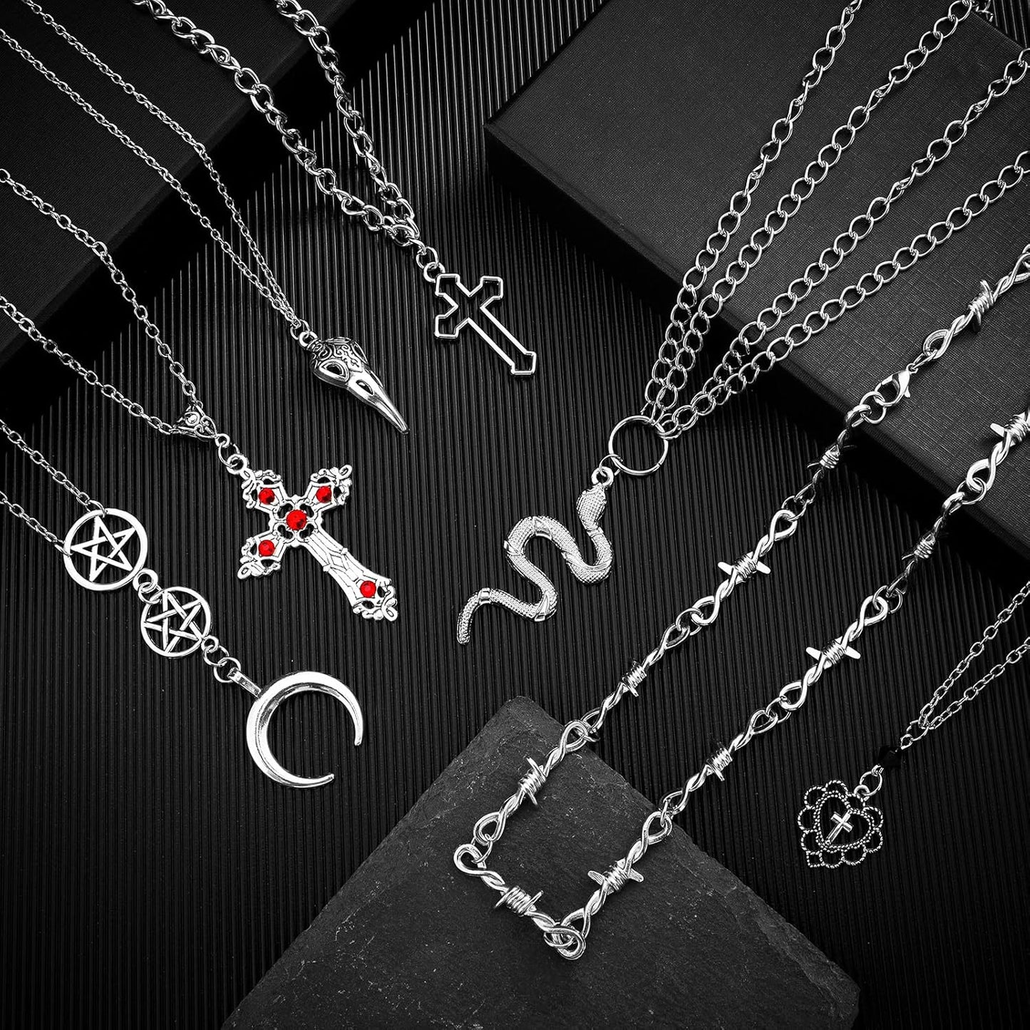 Janmercy 15 Pcs Gothic Grunge Necklace Set Goth Punk Rock Vintage Y2k Harajuku Silver Chain Choker Necklace Jewelry Costume Accessories for Women
