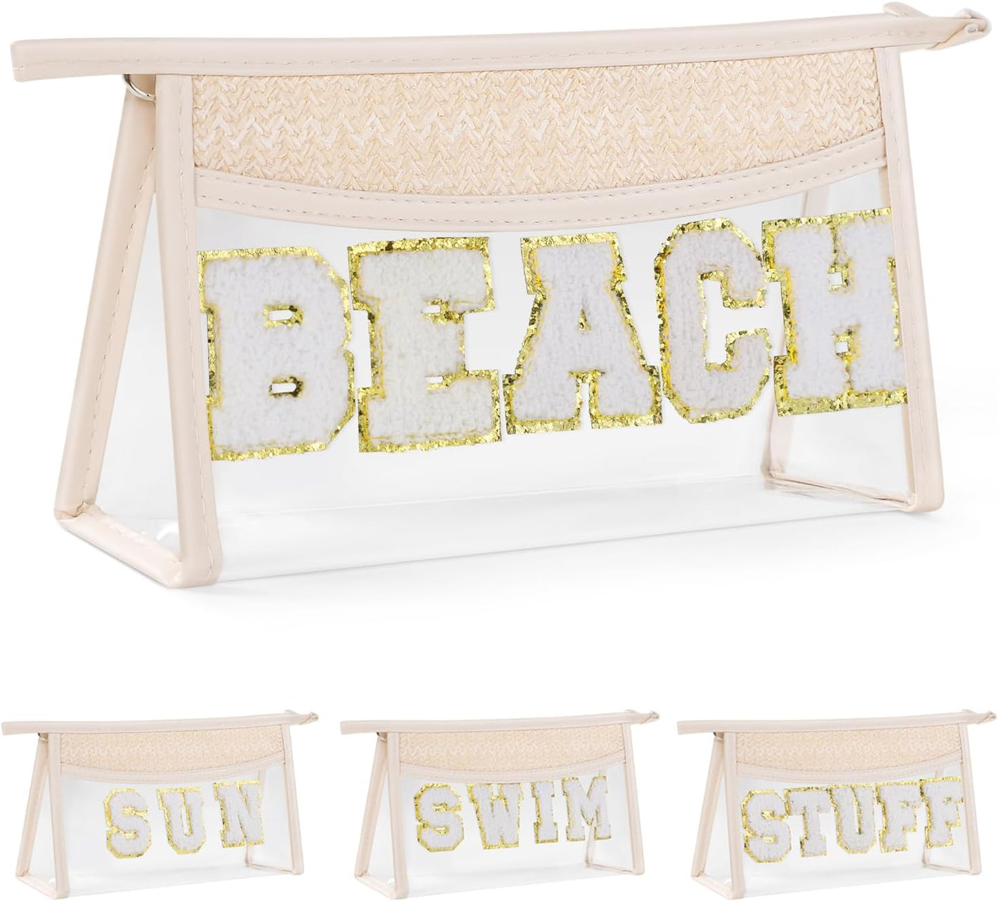 Etercycle Boho Patch BEACH Makeup Bag, Clear PVC Travel Toiletry Bag Waterproof Beach Bags for Women, Small Chenille Letter Bag With Zipper for Beach Travel Essentials