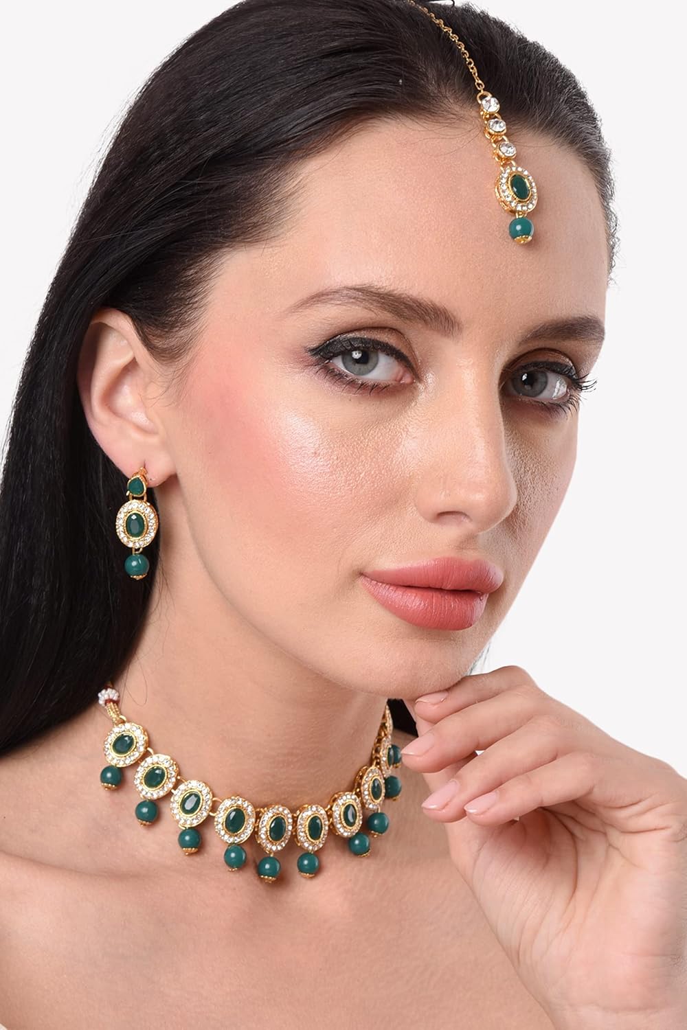 Efulgenz Crystal Indian Jewelry Choker Kundan Crystal Faux Pearl Necklace Earrings Maang Tikka Head Chain Bollywood Wedding Bridal Set for Women