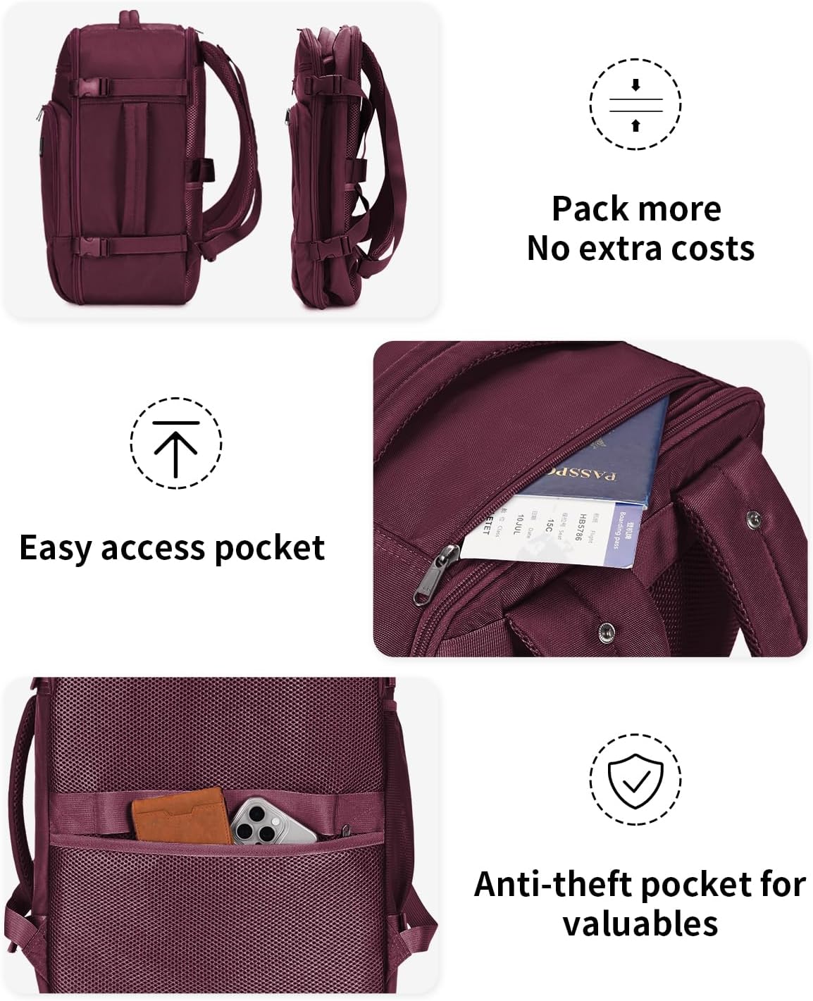 ECOHUB Travel Backpack for Women, 18x14x8 Spirit Airlines Personal Item Bag with Clear Toiletry Bag, Laptop Carry on Backpack with USB Port, Airline Approved Under Seat 14 Pockets 30L, Red