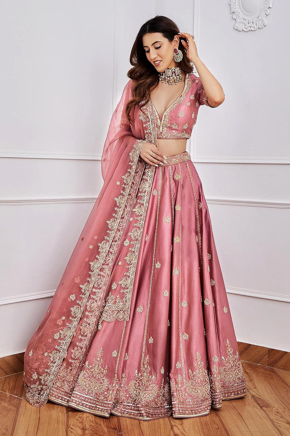 TRENDMALLS Satin Embroidery Sequence Work Lehenga Choli Unstitch Blouse with Dupatta For Women (L257-DarkPeach-FreeSize)