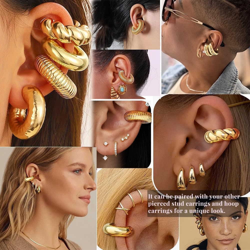 KISS WIFE 4 Pcs Chunky Ear Cuffs Non Piercing for Women, 14K Gold Plated Clip On Cartilage Hoop Earrings Jewelry Gifts