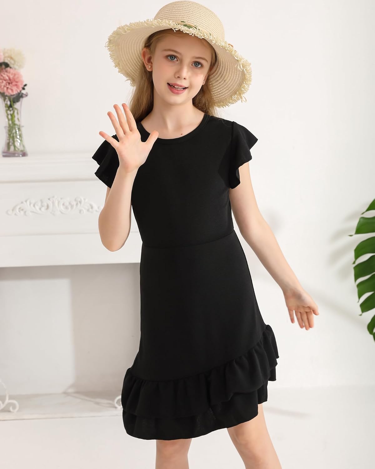 Girls Spring Summer Dresses Cap Sleeve Midi Kids Prom Dress Tween Girl Semi Formal Party Black Dress Size 9-10