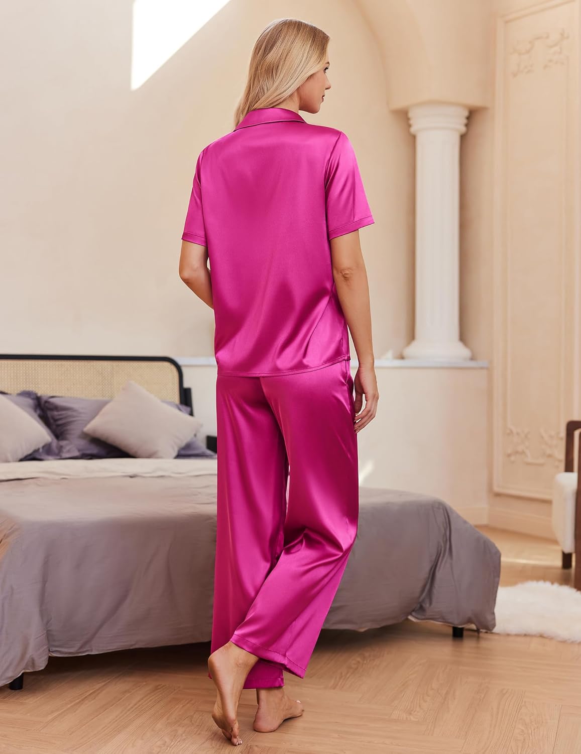 Ekouaer Silk Pajamas for Womens Set 2 Piece Satin Pjs Soft Button Down Sleepwear Wide Leg Long Pants with Pockets