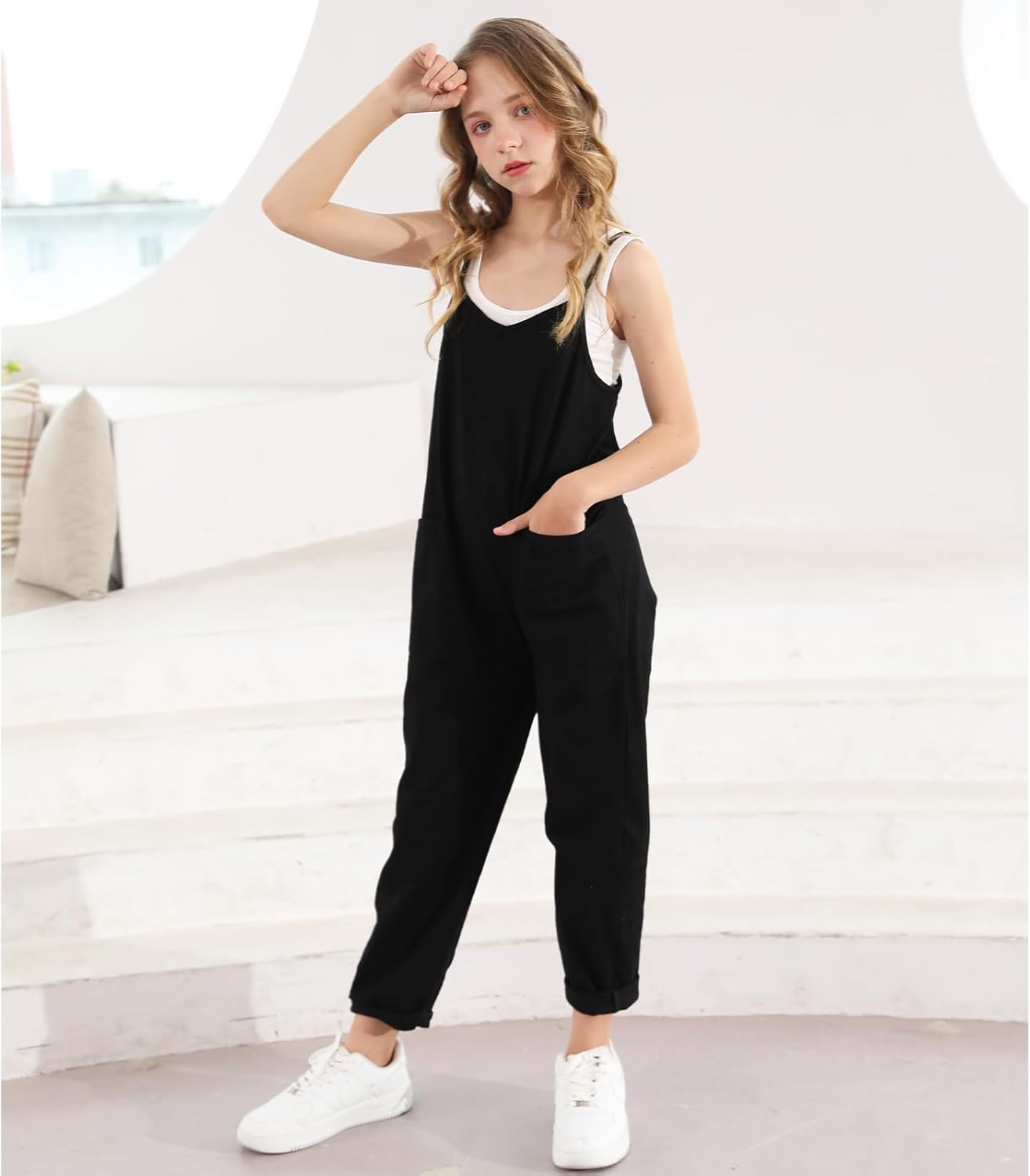RAISEVERN Jumpsuits for Girls Casual Sleeveless Loose Spaghetti Strap Summer Rompers Long Pants with Pockets