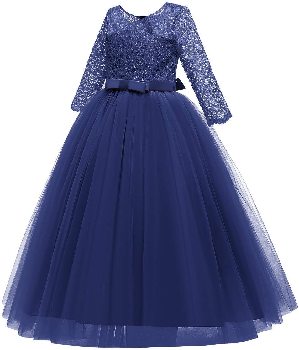 Girls Flower Vintage Floral Lace 3/4 Sleeves Floor Length Dress Wedding Party Evening Formal Pegeant Dance Gown