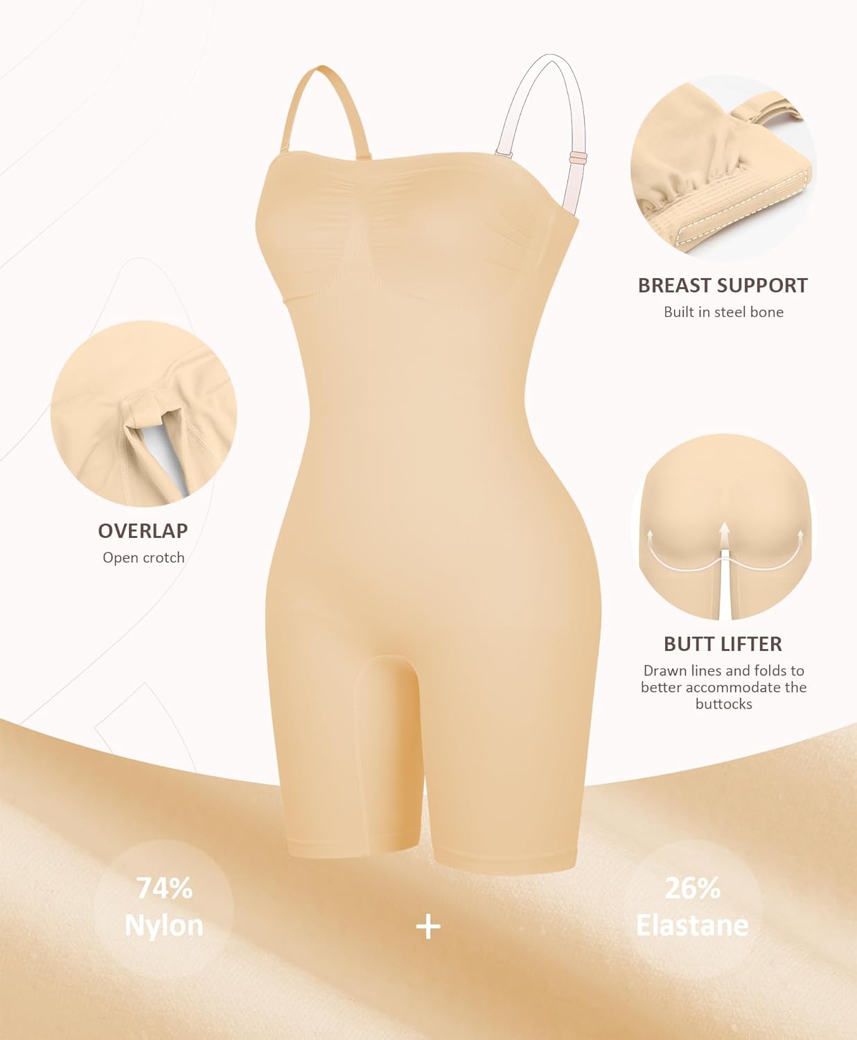 FeelinGirl Seamless Shapewear for Women Strapless Bodysuit Underwear for Wedding Dress Body Shaper Shortie with Removable Straps XXL