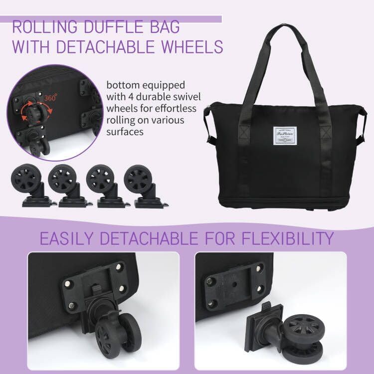 VOOWO Rolling Duffle Bag with Wheels, Expandable Foldable Duffle Bag for Travel, Rolling Under Seat Luggage Carry on Duffel Bags, Wheeled Travel Duffel Weekend Bags, Capacity 18L to 44L (Black)