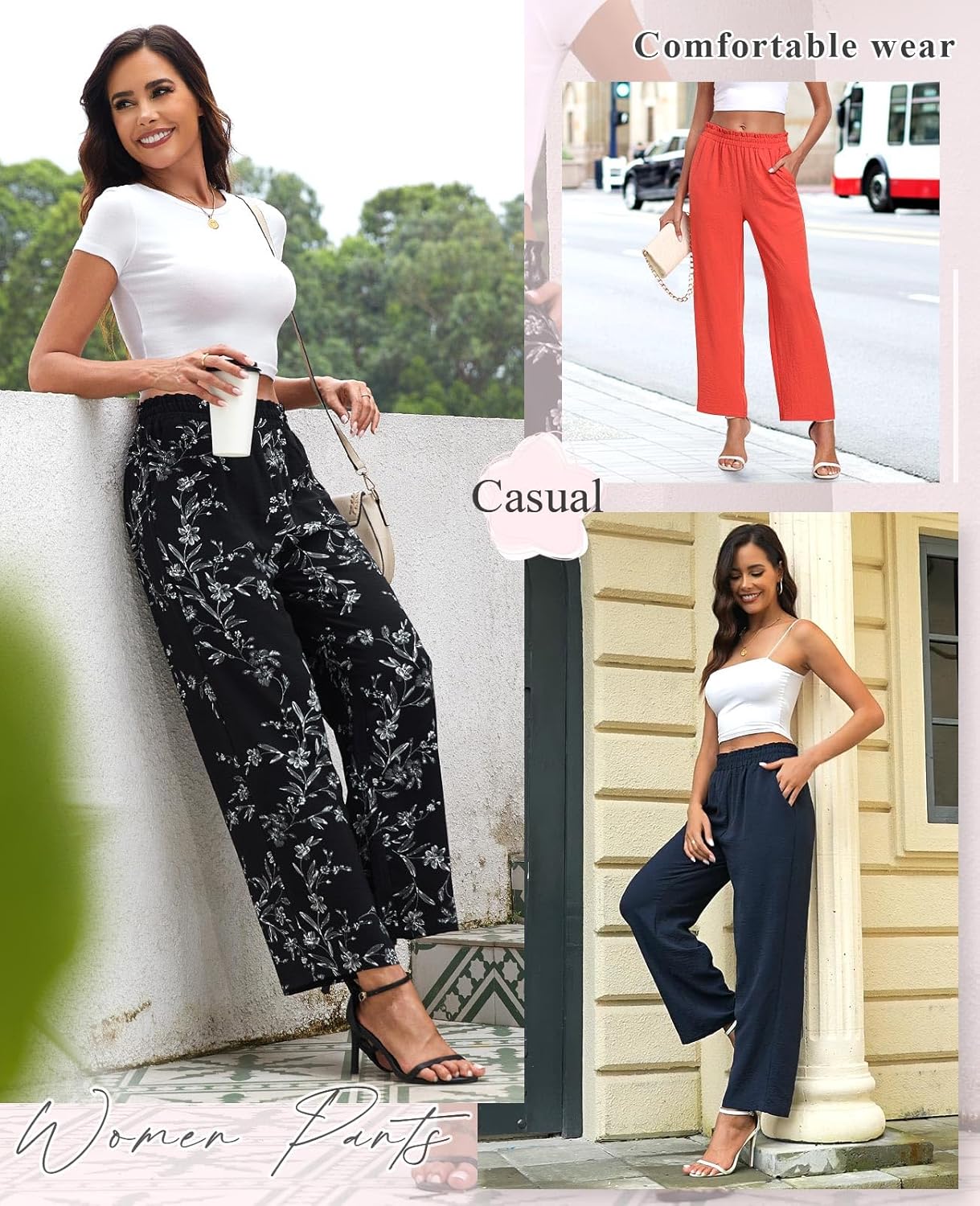 Anydeer Women Pants Loose Wide Leg Trousers Straight Casual Dressy Palazzo Ruffle High Waist Slacks with Pockets