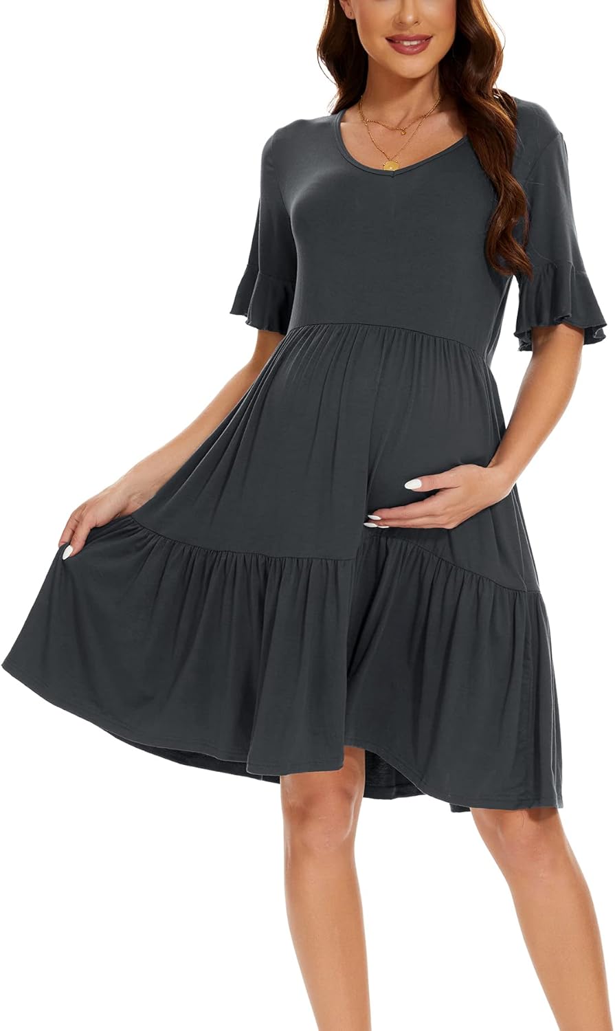 Smallshow Women's Maternity Dress Ruffle Short Sleeve Pregnancy Clothes Summer