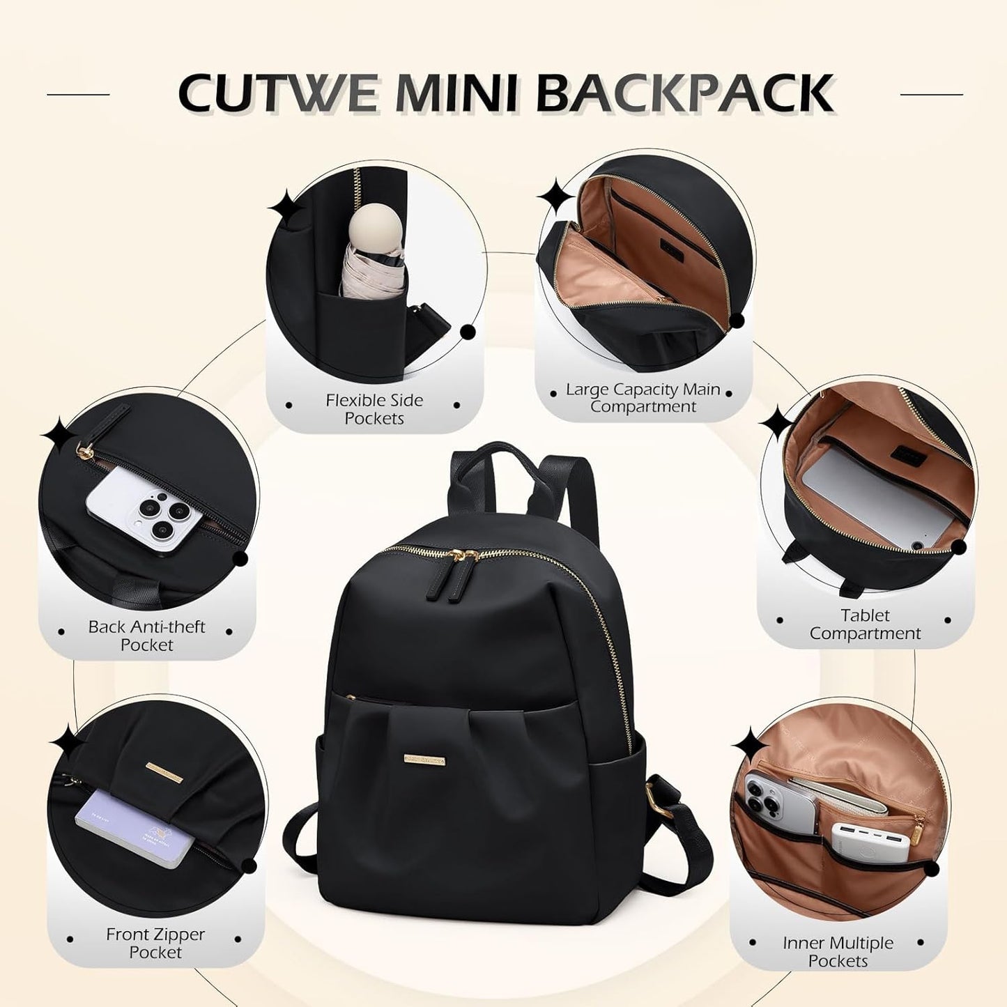 Backpack for Women, Small Cute Backpack Purse Lightweight Casual Daypack Backpack for Travel Mini Backpacks for Ladies College Work,9.7Inch,Black
