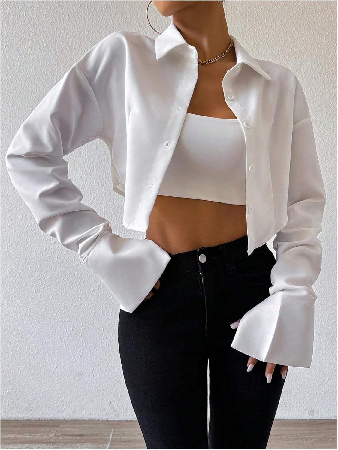 GORGLITTER Women's Long Sleeve Asymmetrical Crop Tops Collared Cropped Button Down Shirt