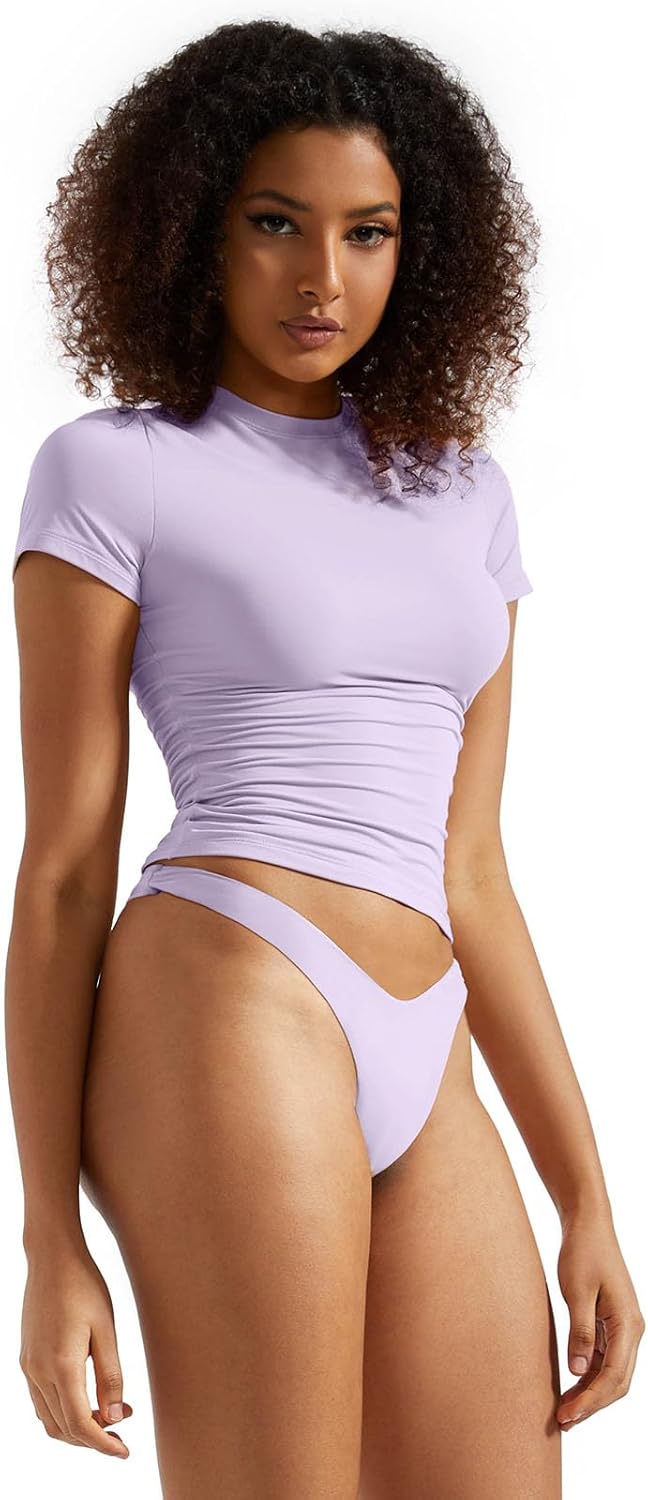 SUUKSESS Women Double Lined Fitted Basic Tee Crew Neck Short Sleeve Y2K Crop Top