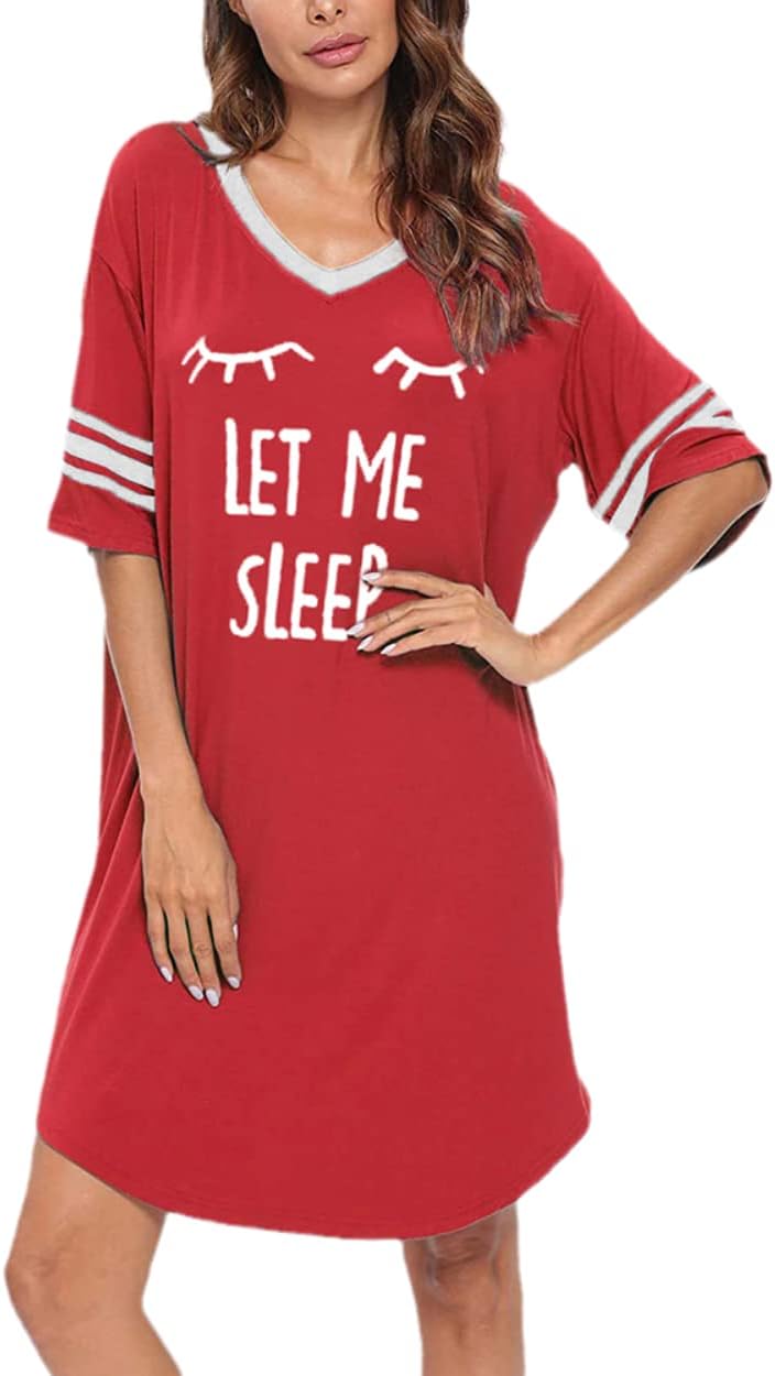 KAMONG Sleep Shirts for Women Short Sleeve Cotton Novelty Night Shirts V Neck Oversized Nightgowns Cute Printed Nightdress