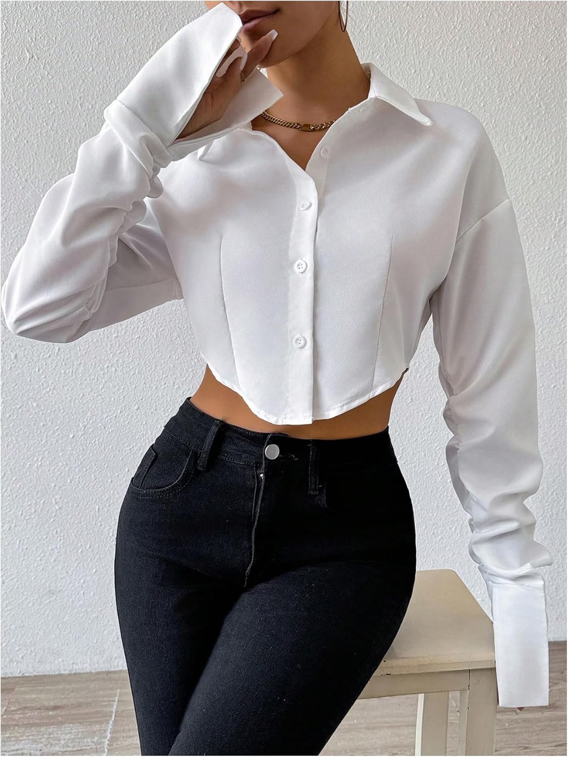 GORGLITTER Women's Long Sleeve Asymmetrical Crop Tops Collared Cropped Button Down Shirt