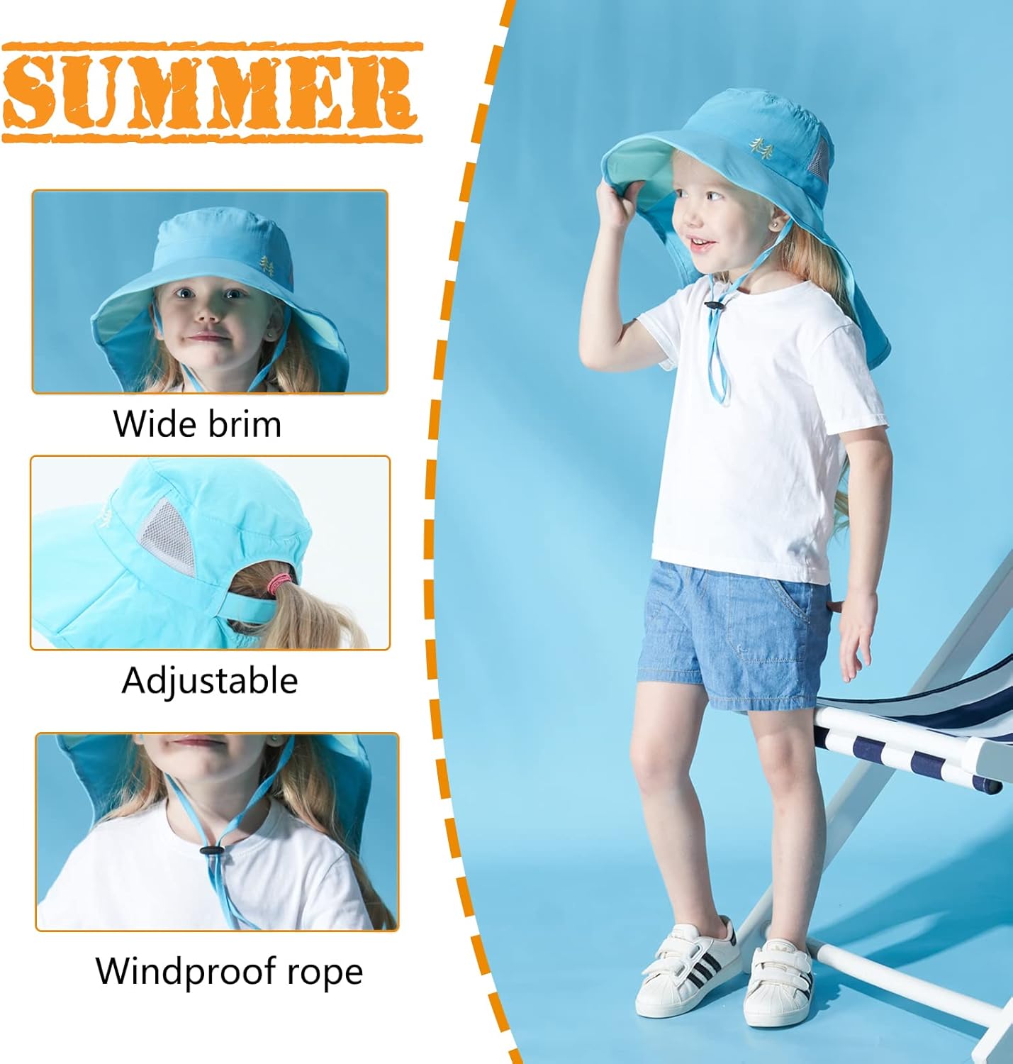 Kids Sun Hats UPF 50+ Sun Protection Hat for Kids with Neck Flap Adjustable Large Brim Beach Fishing Hat for Age 3-12