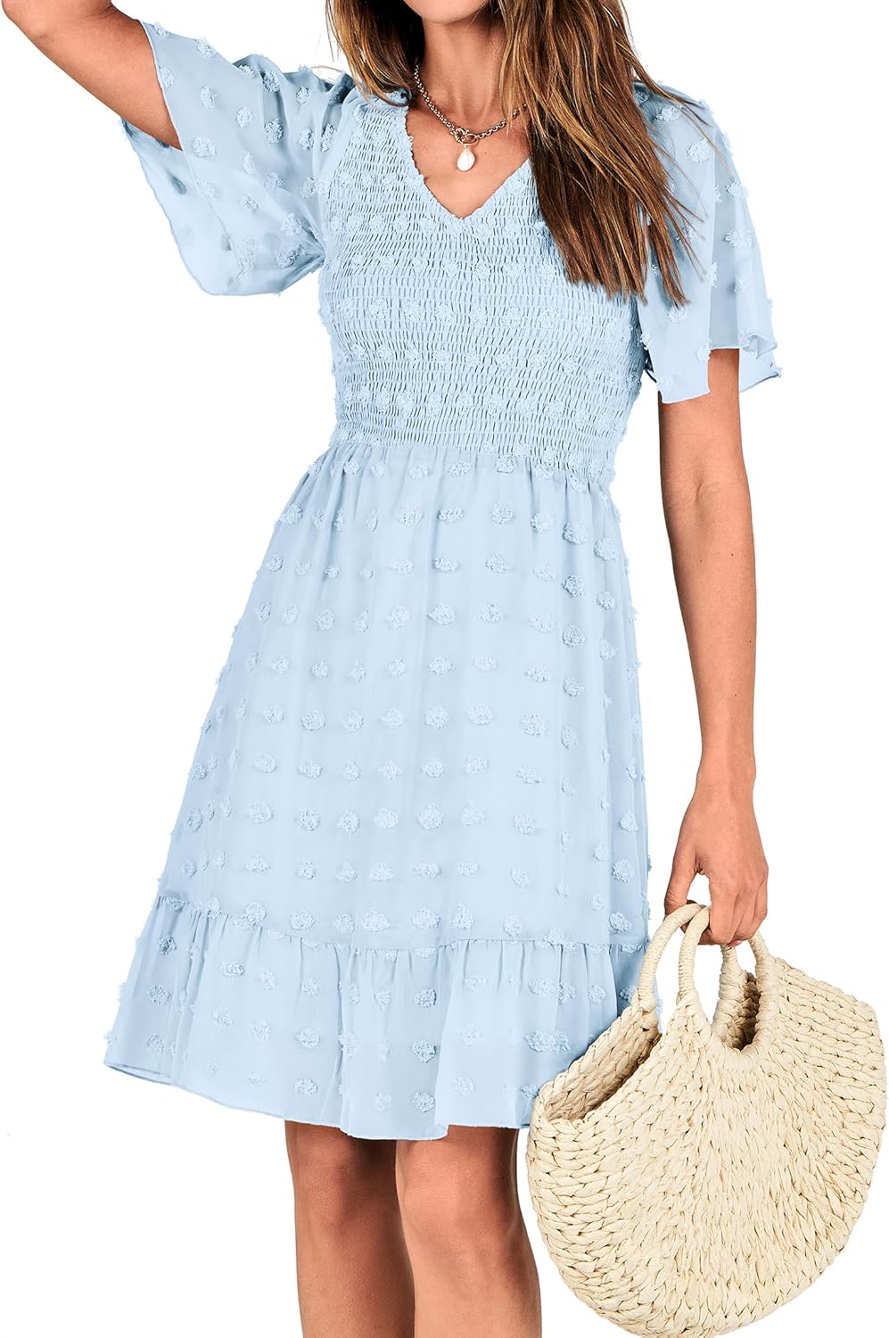 BTFBM Womens Beach Vacation Dress Summer 2025 V Neck Short Sleeve Smocked Swiss Dot Cute Ruffle Casual Fall Mini Dresses