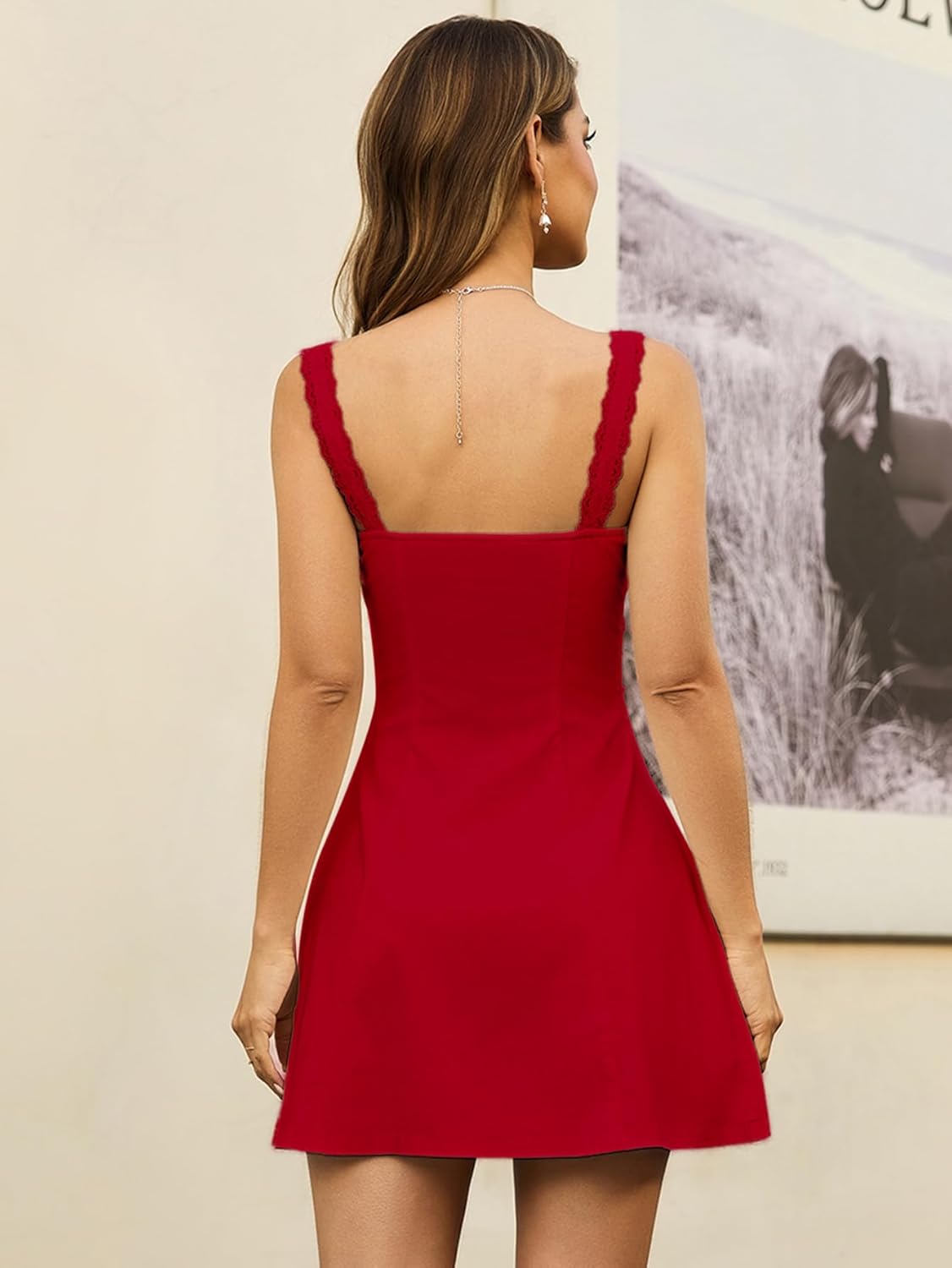 KUTUMAI Lace Square Neck Mini Dress Flowy A Line Short Graduation Dresses for Women Summer 2025