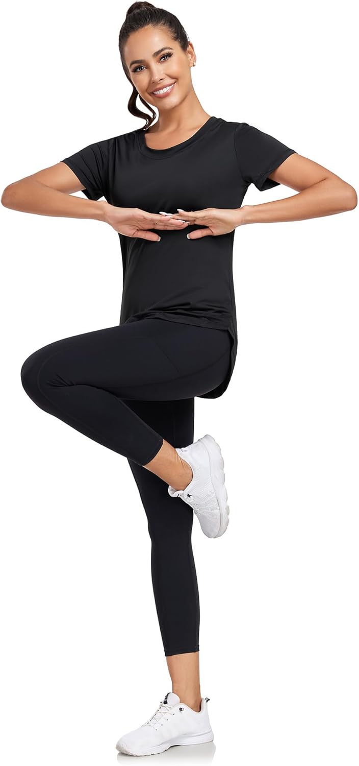 Women's Short Sleeve Workout Shirts Crewneck Sports Yoga Running Dry Fit Tops Side Split Tee