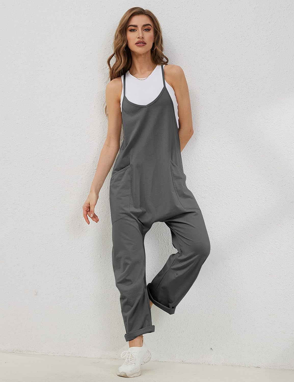 Lentta Women's Causal Jumpsuits V Neck Sleeveless Harem Overalls Stretchy Adjustable Strap Romper with Pockets