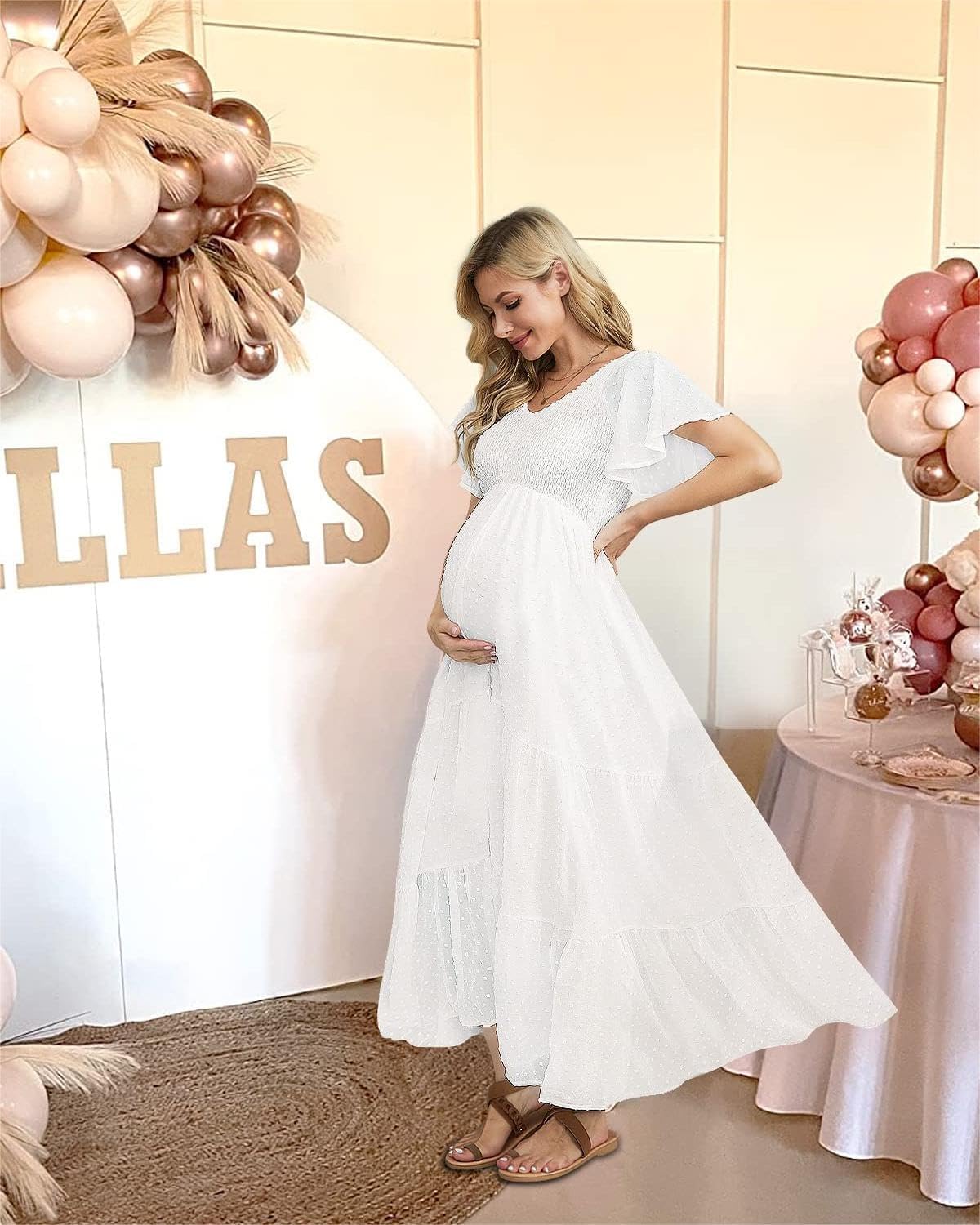 Swiss Dot Smocked Maternity Dress for Baby Shower Photoshoot Casual V Neck Ruffle Sleeve Empire Waist Tiered Boho Dress