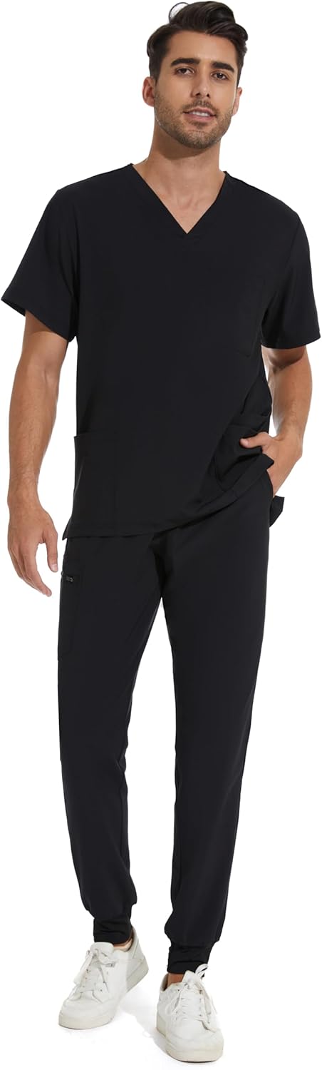 COZYFIT Men Scrubs Set — Stretch V-Neck Scrub Top & Jogger Pant with 8 Pockets, Yoga Waistband, Anti-Wrinkle Scrubs for Men