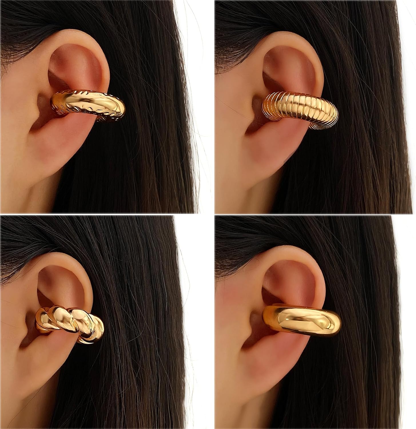 KISS WIFE 4 Pcs Chunky Ear Cuffs Non Piercing for Women, 14K Gold Plated Clip On Cartilage Hoop Earrings Jewelry Gifts