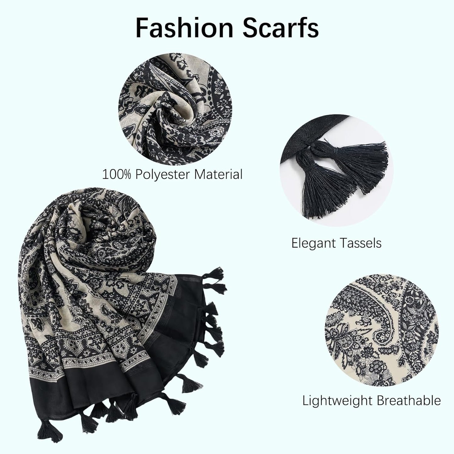 Scarf for Women Lightweight Fashion Floral Printed Scarves Boho Fall Winter Fringed Shawl Wraps