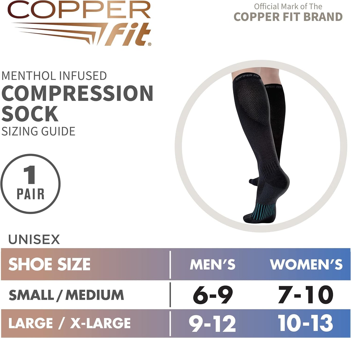 Copper Fit womens Ice Menthol Infused Compression Socks, Black, Small-Medium US