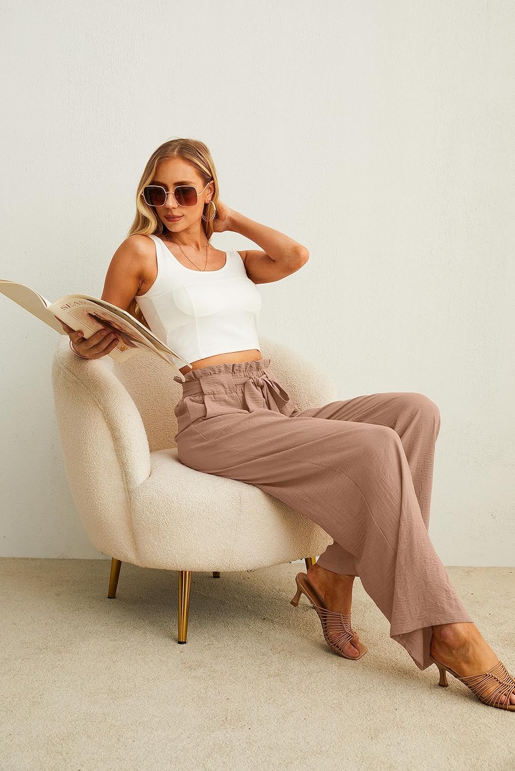 IWOLLENCE Women's Wide Leg Pants with Pockets High Waist Adjustable Knot Loose Casual Trousers Business Work Casual Pants