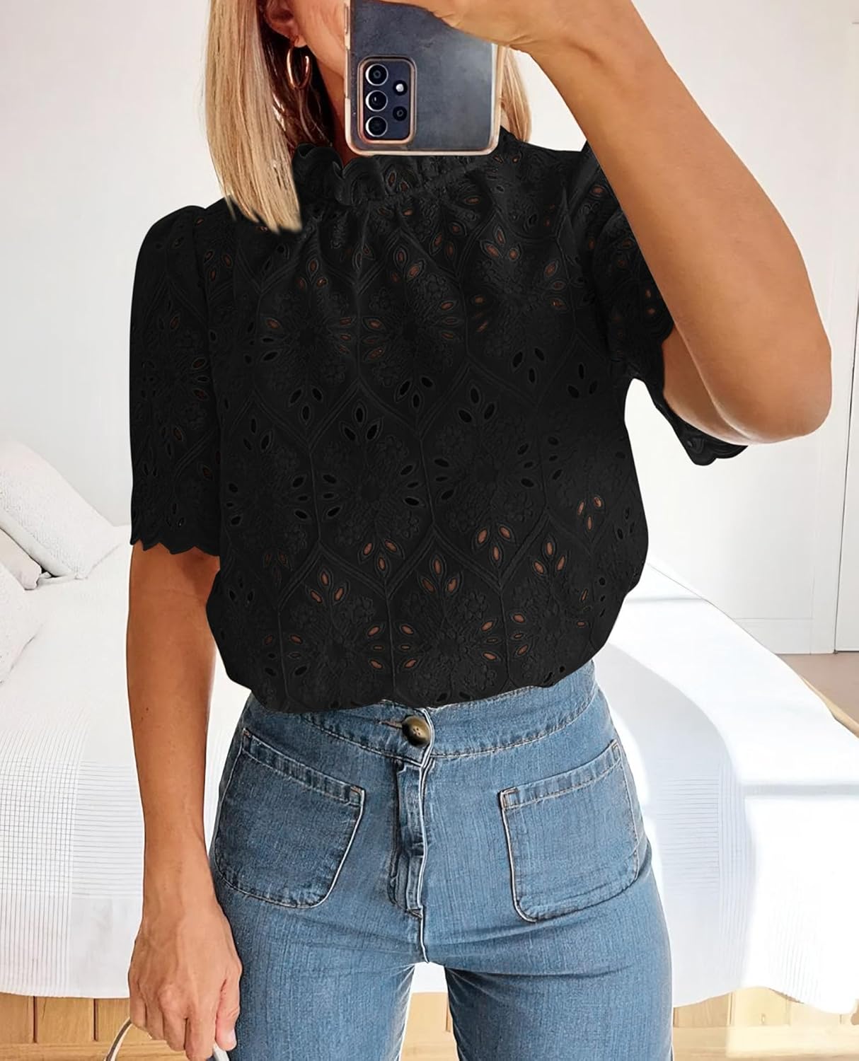 PRETTYGARDEN Summer Tops for Women 2025 Trendy Short Sleeve Eyelet Embroidered Dressy Casual Blouse Shirts