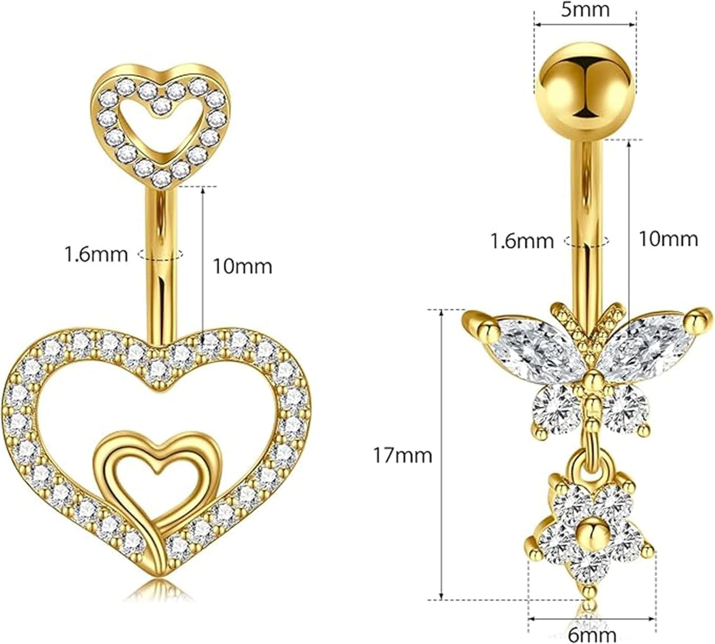 JIESIBAO 14G Belly Button Rings,316L Stainless Steel Heart CZ Navel Barbell Stud Jewelry Dangle Curved Navel Rings Heart Belly Ring Piercing for Women Men 10mm