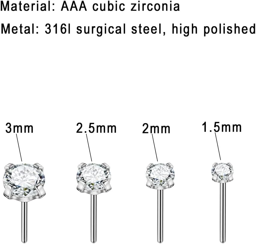 FANSING Single 316L Surgical Steel Threadless Labret Stud with CZ for Nose Cartilage Helix Rook Conch Tragus Earlobe Piercings