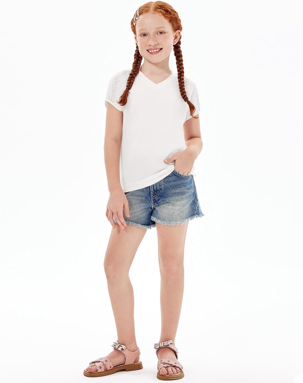 Haloumoning Girls V Neck T-Shirts Kids Summer Swiss Dot Short Sleeve Tops Cute Fashion Tees 5-14 Years