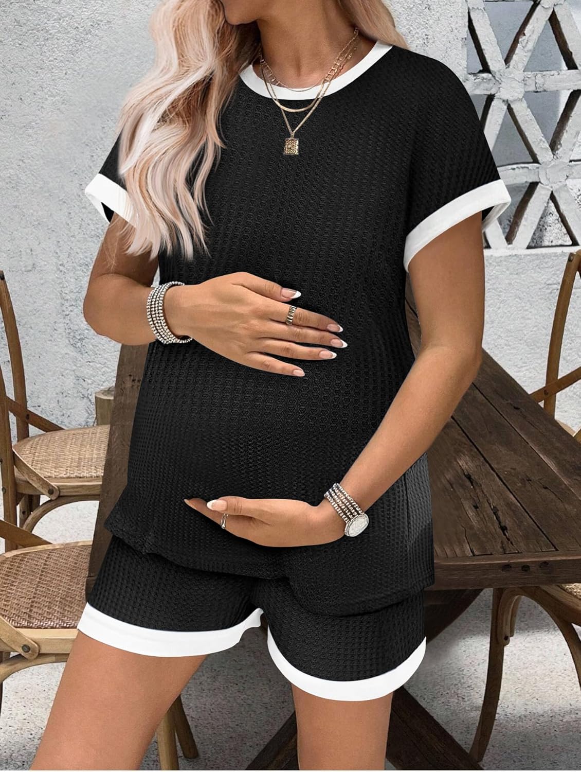 Ekouaer Women's Waffle Knit Maternity Pajamas 2 Piece Outfits Short Sleeve Tops and Shorts Loungewear Set Pregnancy Clothes