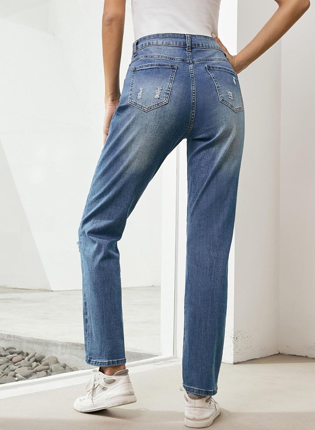 EVALESS Ripped Jeans for Women Plaid Patch Boyfriend Skinny Distressed Denim Jean Pants