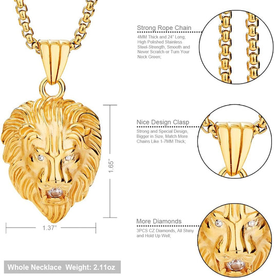 Jewelry Kingdom 1 Mens Necklace Lion Pendant Necklace, Bigger in Size, Silver Plated Stainless Steel, 3PCS Shiny CZ Diamonds, Comes with Rope Chain 24”and in a Gift Box