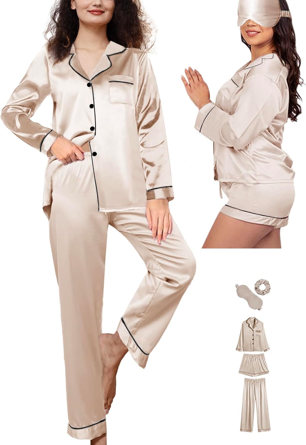 5Pcs XS-XXL Womens Silk Satin Pajamas Sets Long Pj Sets Button Down Pjs Set Loungewear Sleepwear