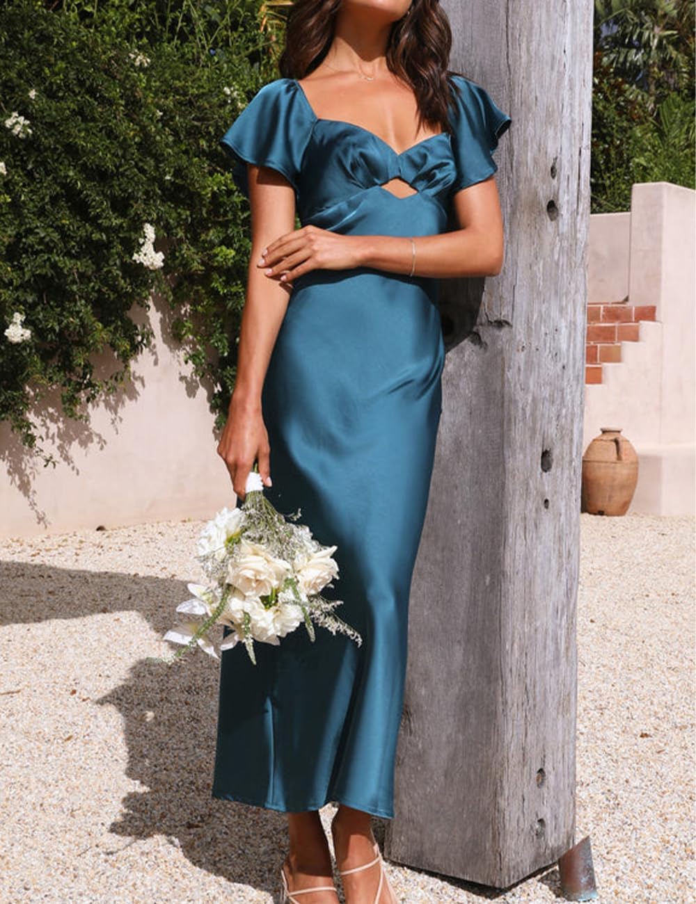 Summer Satin Flutter Sleeve Wedding Guest Dresses for Women Sweetheart Neckline Cutout Tie Back Midi Cocktail Dress