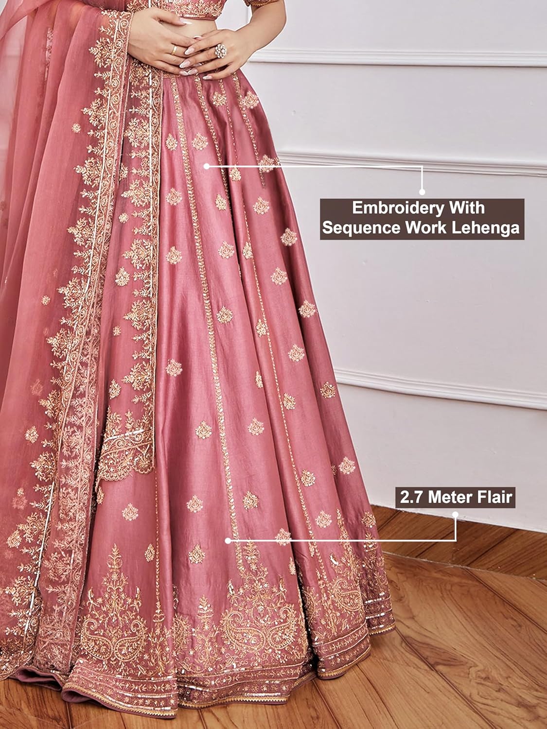 TRENDMALLS Satin Embroidery Sequence Work Lehenga Choli Unstitch Blouse with Dupatta For Women (L257-DarkPeach-FreeSize)
