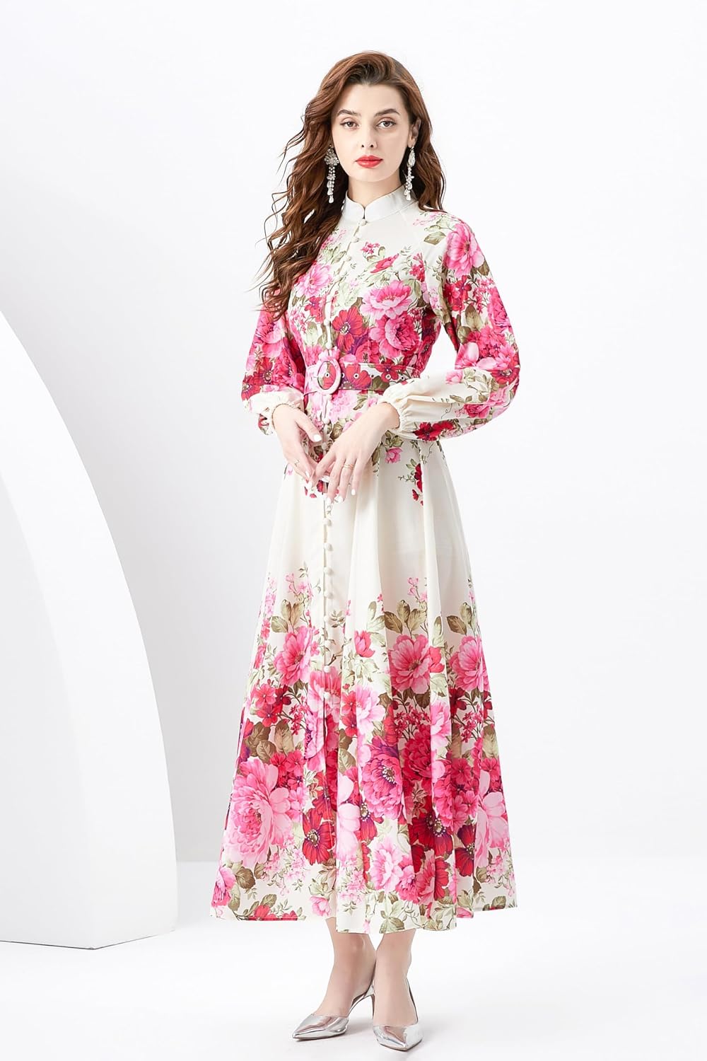 LAI MENG FIVE CATS Women's Floral Print Puff Sleeve Button Up Split Party Flowy Maxi Dress