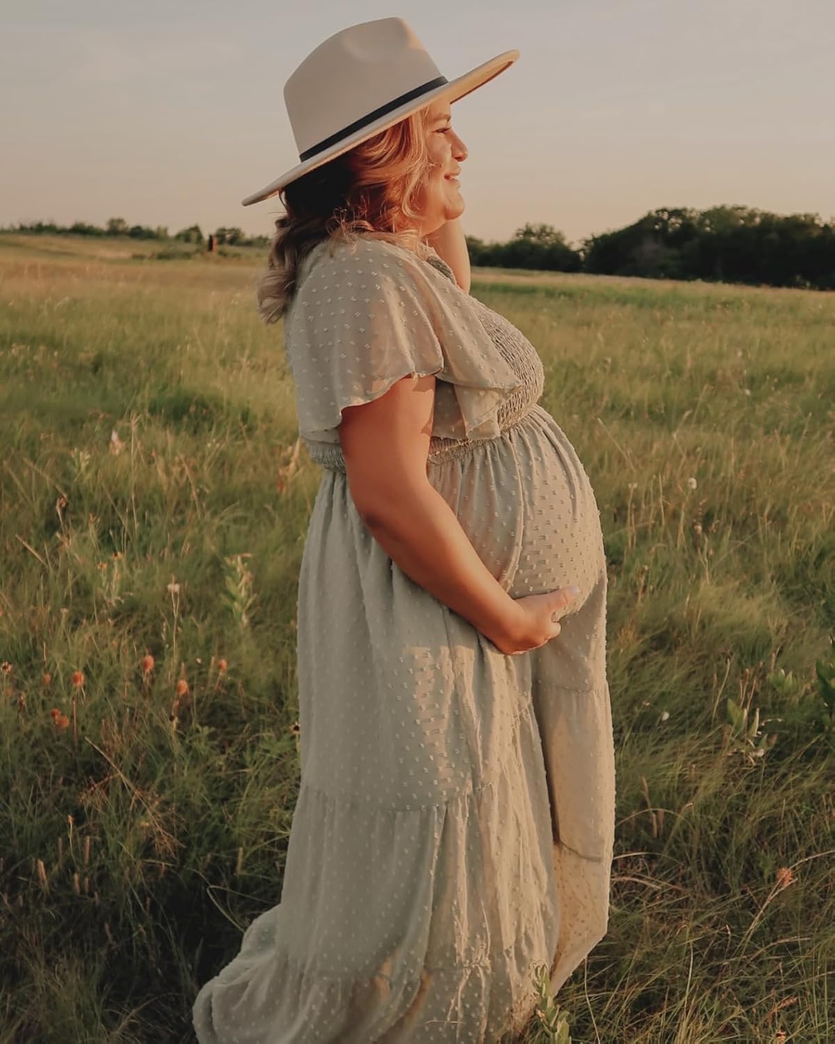 Swiss Dot Smocked Maternity Dress for Baby Shower Photoshoot Casual V Neck Ruffle Sleeve Empire Waist Tiered Boho Dress