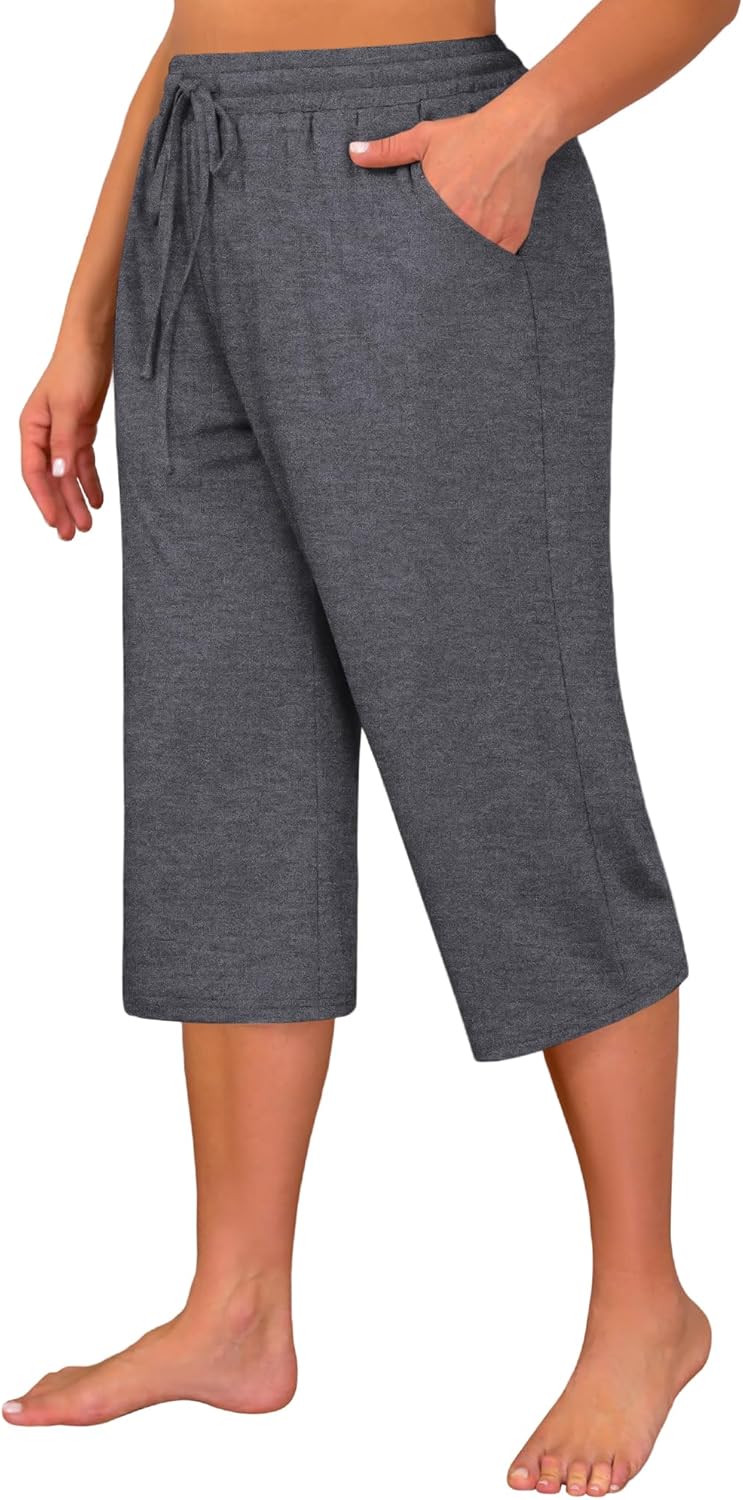 Huukeay 3 Pack Women's Plus Size Capris, Drawstring Cotton Yoga Capri Sweatpants Summer Casual Loose Cropped Pant with Pocket
