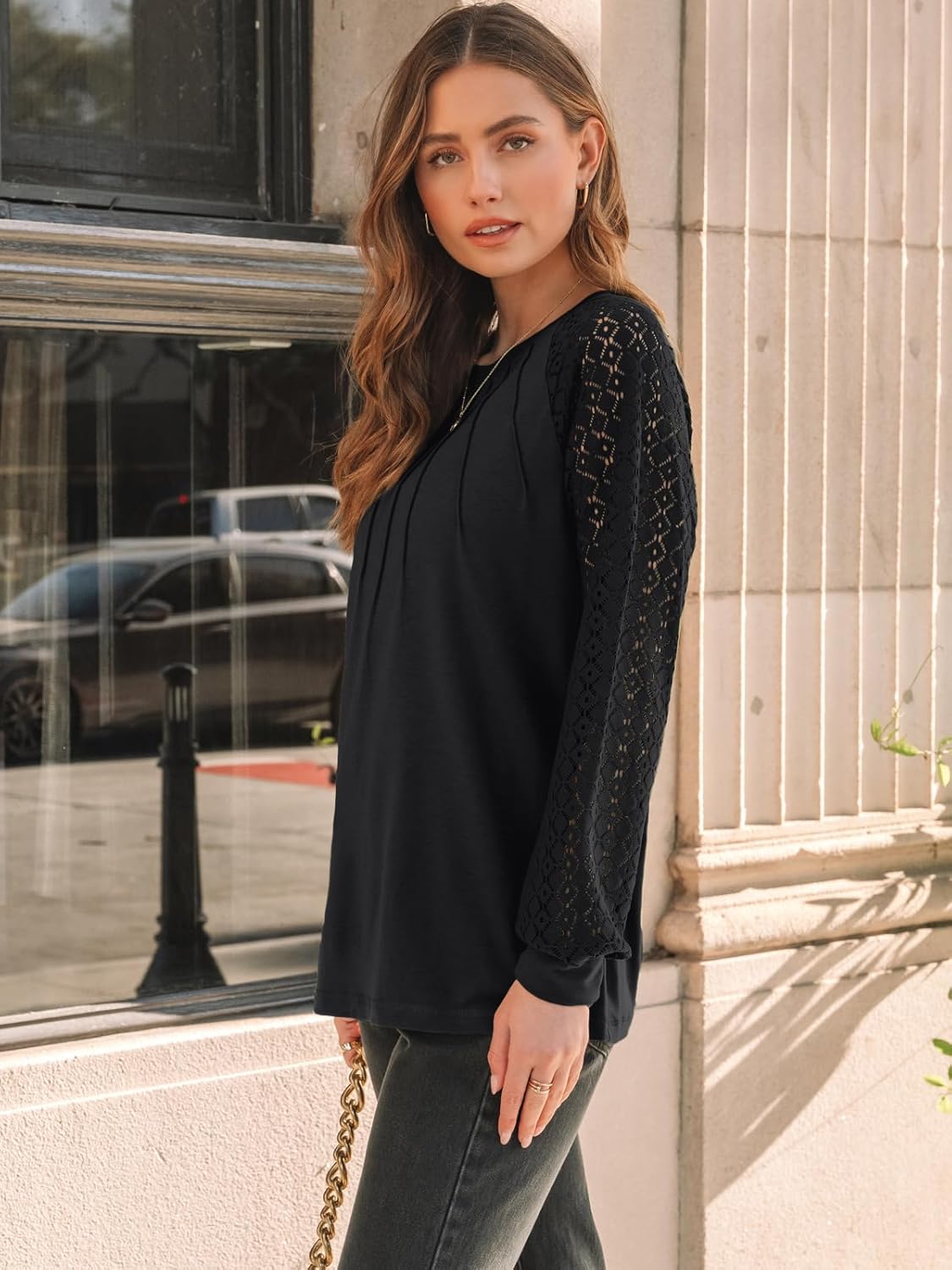 AUTOMET Womens Long Sleeve Shirts Pleated Lace Tops Fall Fashion Outfits Business Casual Blouses