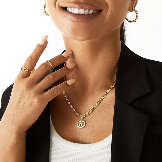KissYan Gold Initial Necklace,14K Gold Plated Round Letter Pendant Hollow Capital Monogram 5mm Cuban Chain Necklace Alhpabets from A-Z Dainty Jewelry for Women Men