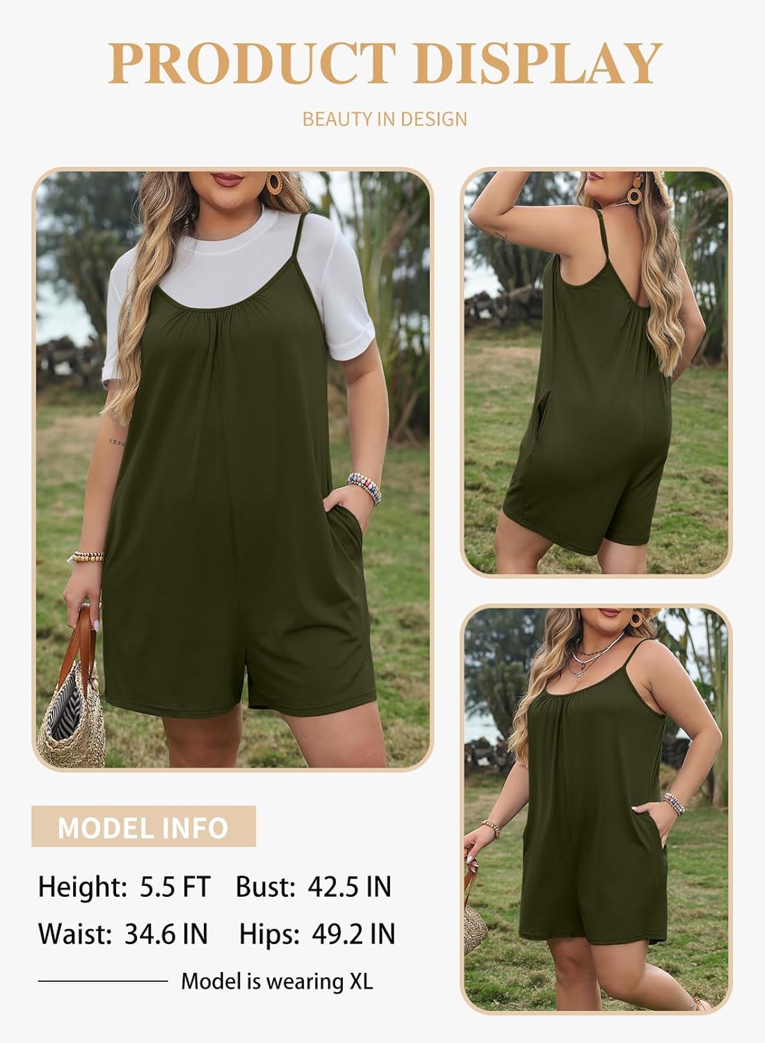 Eytino Womens Plus Size Jumpsuits V Neck Casual Loose Sleeveless Spaghetti Strap Short Rompers (1X-5X)